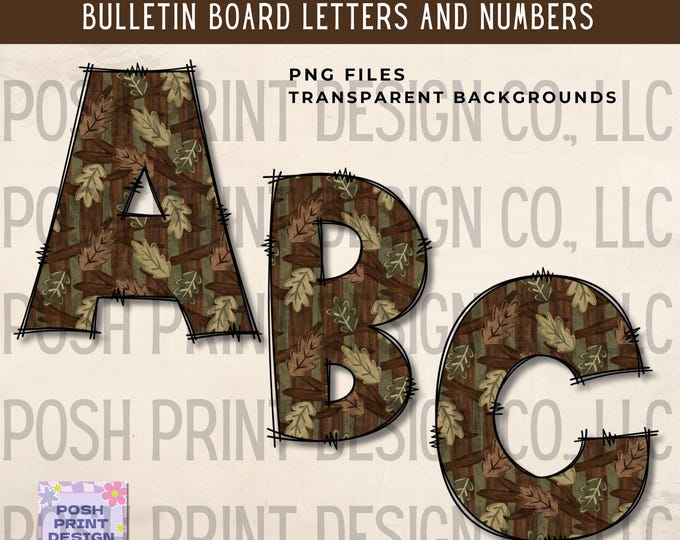 Doodle Woodsy Camo Alphabet Clip Art, Bulletin Board Letters, PNG files, Digital Download