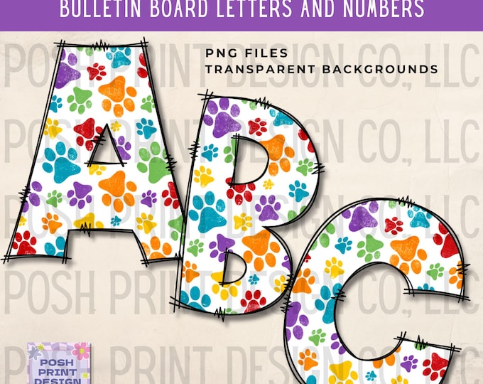 Paw Print Alphabet Clip Art, Bulletin Board Letters, PNG files, Digital Download