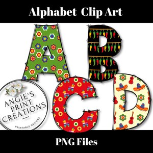 Cinco de Mayo Alphabet Clip Art, Cinco de Mayo Clip Art, Letras del Alfabeto, Letras del Tablón de Anuncios, Descarga Digital, Archivos PNG
