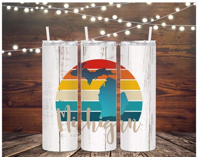 Michigan Retro Sunset Skinny Tumbler PNG, PNG files, 20 oz Tumbler PNG, Tumbler Wrap, Digital Download, Instant Download