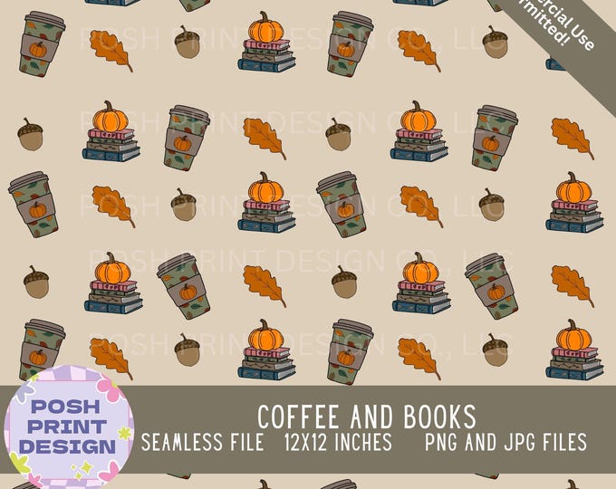 Coffee and Books Seamless Digital Pattern | Autumn Seamless Pattern | JPG + Transparent PNG