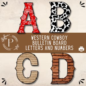 Imágenes prediseñadas del alfabeto de vaqueros del oeste, letras para tablones de anuncios, archivos PNG, descarga digital