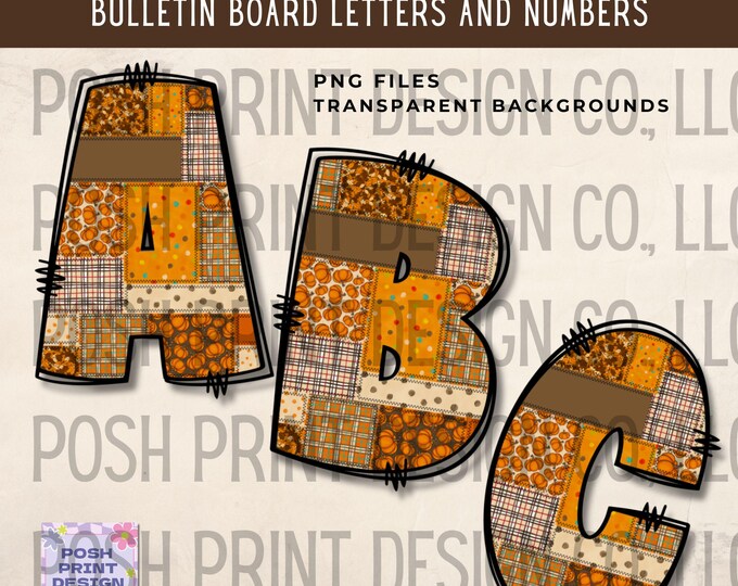 Fall Patchwork Doodle Alphabet Clip Art, Bulletin Board Letters, PNG files, Digital Download