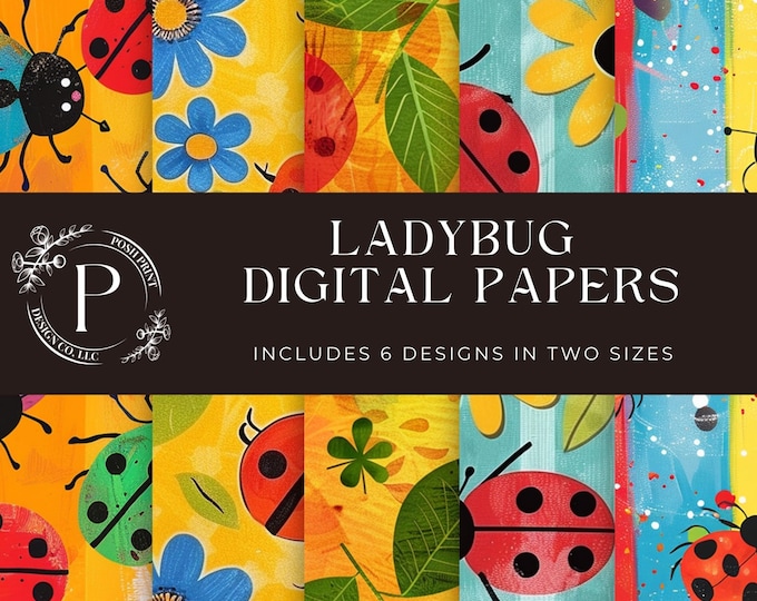 Colorful Ladybug Scrapbook Papers, Digital Papers, Junk Journal Papers, 8.5x11 and 12x12, JPG files, Digital Download