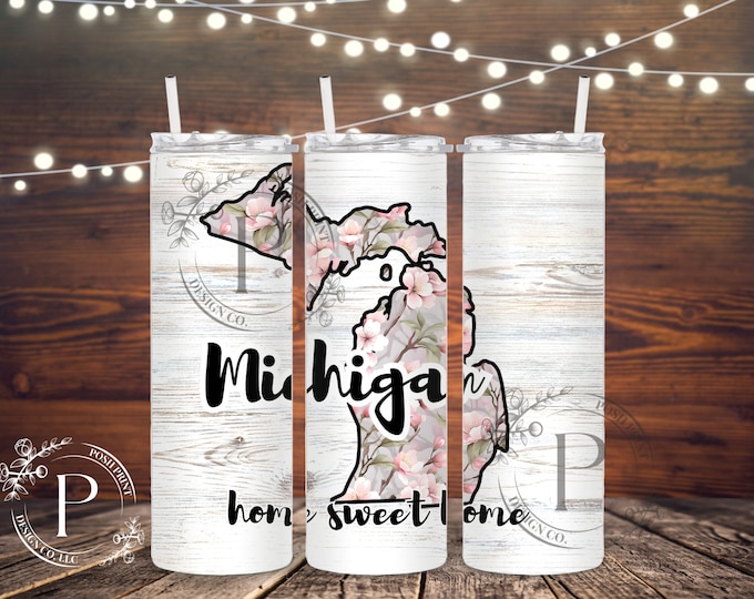 Floral Michigan 20 oz skinny tumbler PNG, apple blossom, sublimation wrap, heat transfer PNG