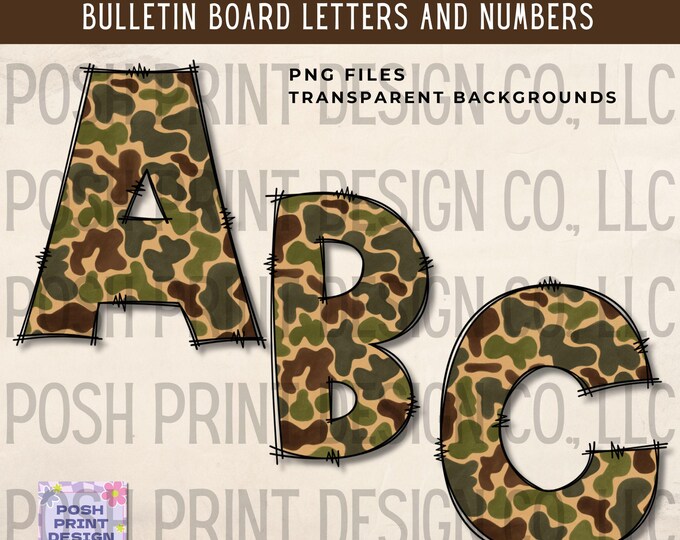 Doodle Camo Alphabet Clip Art, Bulletin Board Letters, PNG files, Digital Download