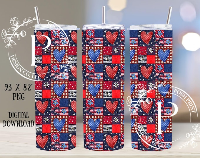 Patriotic Patchwork Quilt Skinny Tumbler PNG file, Red, white and blue, 20 oz Tumbler PNG, Tumbler Wrap, Digital Download, Instant Download