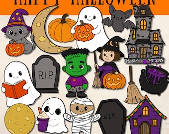 Halloween Clipart | Haunted House, Bats, Moon, Witch, Pumpkin, Ghost | Digital Download