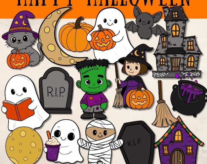 Halloween Clipart | Haunted House, Bats, Moon, Witch, Pumpkin, Ghost | Digital Download