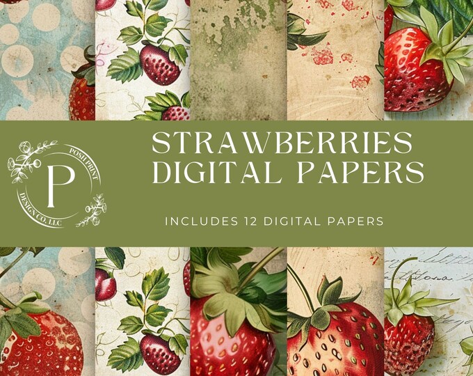 Strawberry Scrapbook Papers, Digital Papers, Junk Journal Papers, JPG files, Digital Download