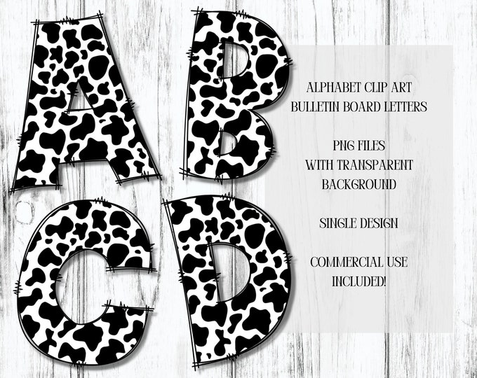 Cow Print Doodle Alphabet Clip Art, Cow Print Bulletin Board Letters, Cow Print Alphabet Clip Art, PNG files, Digital Download