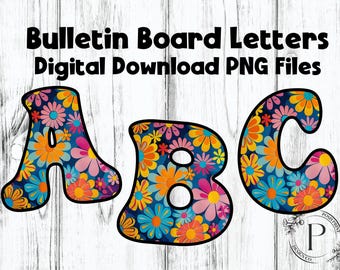 Groovy Flowers, Retro Alphabet Clip Art, Bulletin Board Letters, PNG files, Digital Download