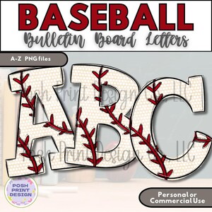 May include: Baseball-themed bulletin board letters. The letters A, B, and C are visible, designed to resemble baseballs with red stitching on a cream-colored background. The text "BASEBALL Bulletin Board Letters" is at the top.