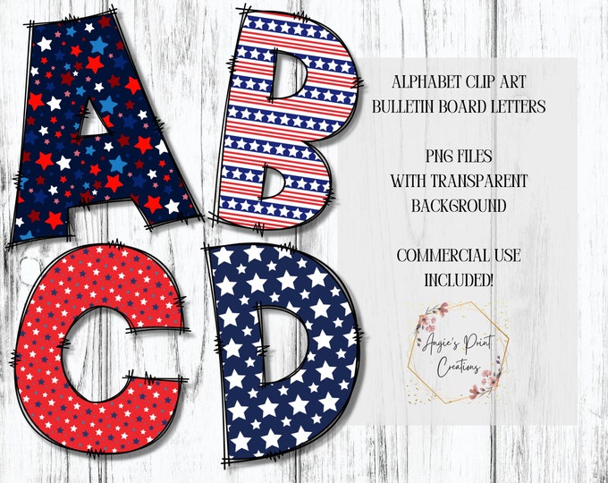 Patriotic Alphabet Clip Art, Bulletin Board Letters, Fourth of July Letters, Memorial Day Letters, Digital Download, PNG files
