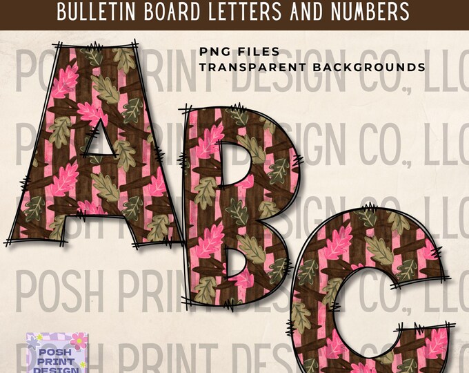 Doodle Pink Camo Alphabet Clip Art, Bulletin Board Letters, PNG files, Digital Download