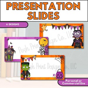 May include: A set of digital presentation slides featuring Halloween themes with orange and purple borders. Designs include a cartoon vampire, a haunted house, and a Frankenstein monster, accented with bats, bunting, stars, and a spider web.