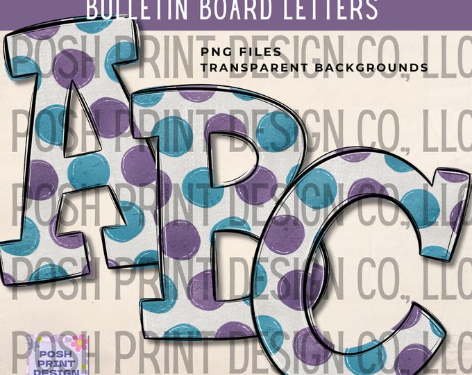 Blue and Purple Polka Dot Alphabet Clip Art, Bulletin Board Letters, PNG files, Digital Download, Commercial Use