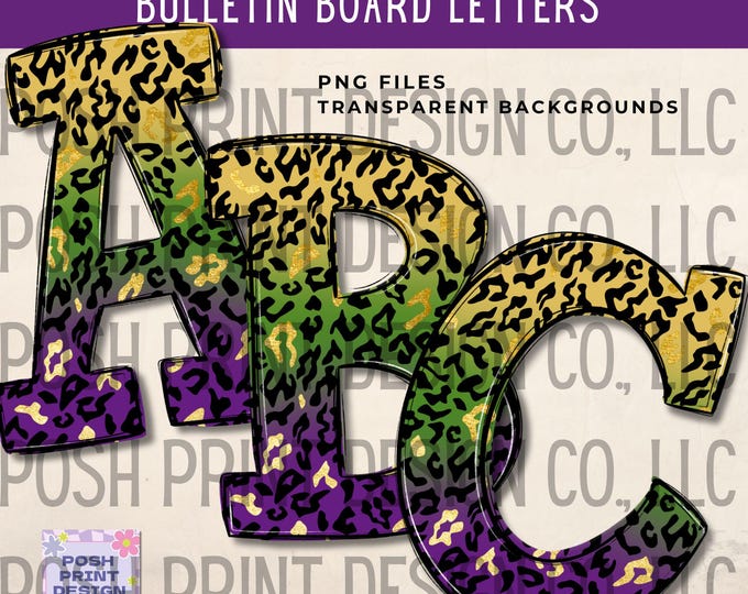 Mardis Gras Leopard Print Alphabet Clip Art, Bulletin Board Letters (PNG Digital Download)