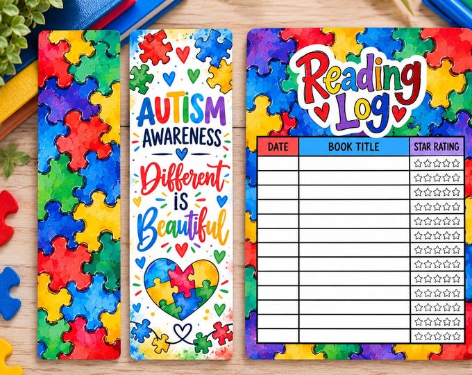 Autism Awareness Bookmarks & Reading Log Printable | Different Is Beautiful | Puzzle Stationery Set | Commercial Use | Digital Download