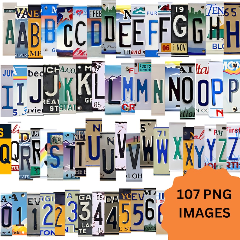 K&ouml;nnte beinhalten: Eine Sammlung von 107 Bildern von Nummernschildern, jedes mit einem anderen Buchstaben des Alphabets. Die Buchstaben sind in alphabetischer Reihenfolge angeordnet, wobei jeder Buchstabe auf einem separaten Nummernschild angezeigt wird. Die Nummernschilder stammen aus verschiedenen Bundesstaaten und L&auml;ndern und sind alle in gutem Zustand.