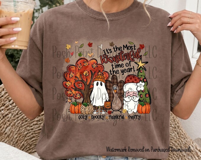 Cozy Fall Halloween Thanksgiving Christmas Design | Spooky Ghost, Turkey, Santa (PNG) Instant Download