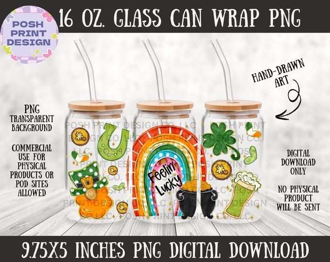 St. Patrick's Day Glass Can Wrap PNG | 16oz Libbey, Commercial Use (Digital Download)