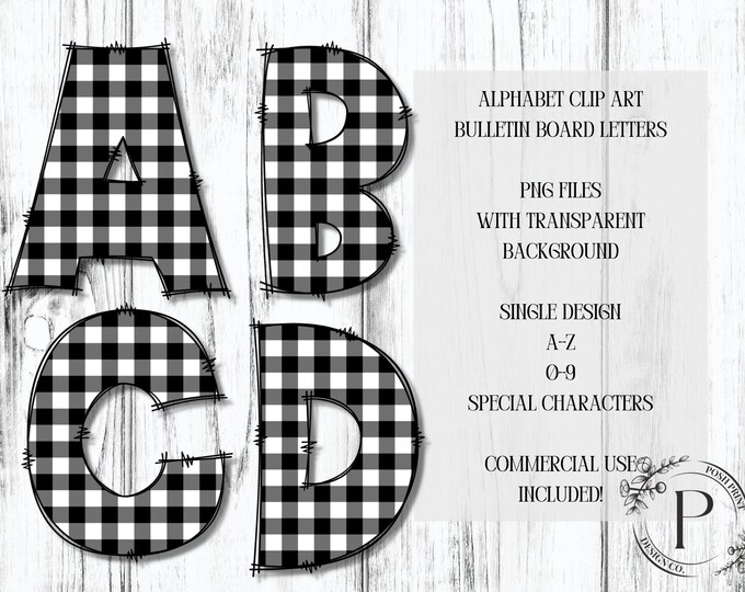 Buffalo Plaid Bulletin Board Letters, White Buffalo Plaid Bulletin Board Letters, Buffalo Plaid Alphabet Clip Art, PNG, Digital Download