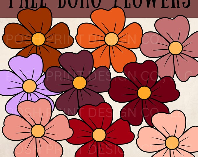Boho Fall Flower Clipart | Autumn Floral Graphics | Hand-Drawn PNGs for Personal or Small Business Use