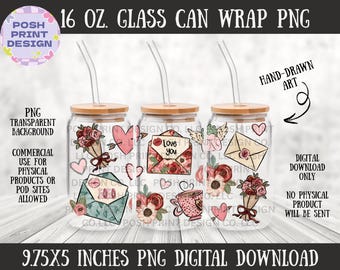 Valentine's Day Glass Can Wrap PNG | 16oz Libbey Design (Digital Download, Commercial Use)