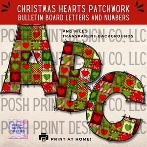 Peut inclure: Lettres ABC avec un motif patchwork avec des cœurs rouges et verts, des pois et des motifs à carreaux. Les lettres sont soulignées en noir et l'image comprend le texte "Christmas Hearts Patchwork Bulletin Board Letters and Numbers."