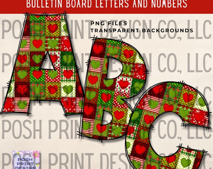 Christmas Hearts Patchwork Doodle Alphabet Clip Art, Bulletin Board Letters, PNG files, Digital Download