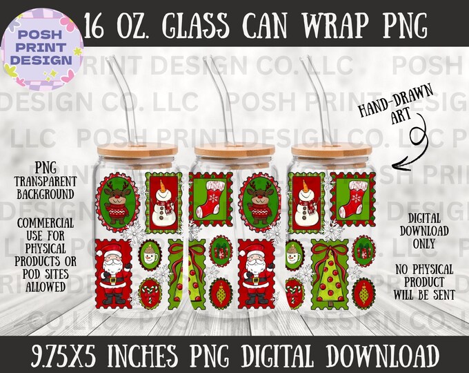 Christmas Stamps Glass Can Wrap | Festive 16oz Libbey (Digital Download)