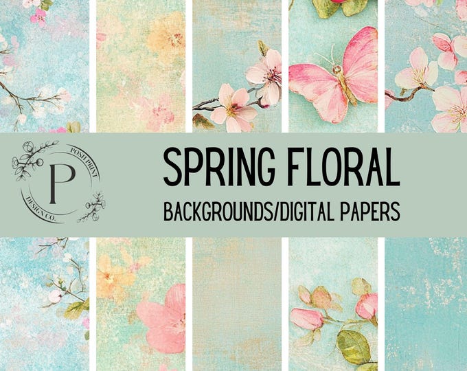 Spring Floral Scrapbook Pages, Digital Papers, Junk Journal, 12x12 inches, JPG files, Digital Download