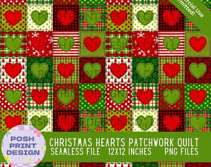 Christmas Hearts Quilt Seamless Pattern PNG | Cozy Christmas Patchwork Digital Paper | Commercial Use for POD & Handmade Products