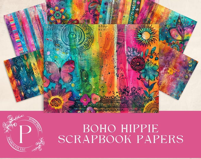 Colorful Boho Hippie Scrapbook Papers, Digital Papers, Junk Journal Papers, Backgrounds, 11x8.5 inches, JPG files, Digital Download
