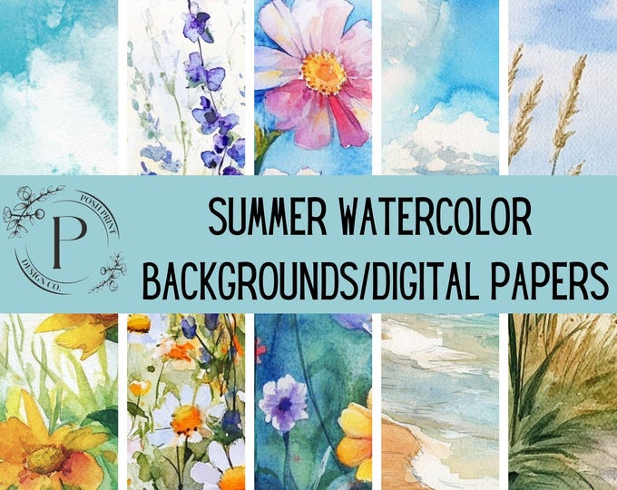 Summer Watercolor Backgrounds, Digital Papers, Junk Journal Papers, JPG files, Digital Download