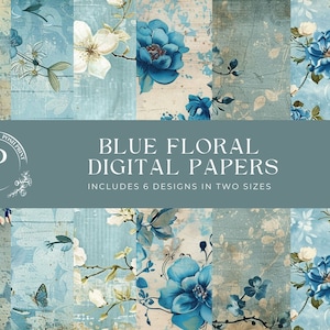 Blue Floral Scrapbook Papers, Digital Papers, Junk Journal Papers, 8.5x11 and 12x12, JPG files, Digital Download