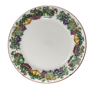 May include: White ceramic plate with a decorative border featuring colourful illustrations of grapes, pumpkins, and other fruits and vegetables. The rim of the plate has a thin brown border.