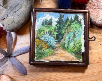 Tiny Framed Art: The Forest Trail - Original Gouache Painting in Tiny Antique Copper Frame