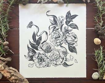 The Bright Buzz of Springtime (Camellia 1) - Linocut - Original Handcarved Linocut Artwork, B/W Limited edition