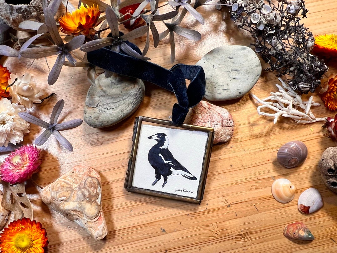 Tiny Framed Art Magpie Swagger Original Gouache Painting in Tiny