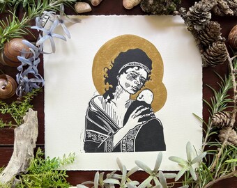 Small Gods: Lully Lulla, Thou Little Tiny Child (how mighty and terrible) - original handcarved linocut with painted gold detail