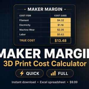 May include: A digital Maker Margin 3D Print Cost Calculator spreadsheet interface. The graphic displays a cost breakdown table with items including Filament at $4.32, Electricity at $1.18, Machine Wear at $2.35, and Labor at $5.63, totaling a True Cost of $13.48.