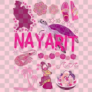 Könnte beinhalten: Ein rosa-lila Grafikdesign mit dem Wort "NAYARIT" und Illustrationen einer Schildkröte, Garnelen, Blumen, Sandalen und eines Hirsches. Das Design hat einen karierten Hintergrund und eine Kartenkontur.