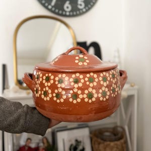 May include: A terracotta-colored cooking pot with a lid. The pot is adorned with a repeating pattern of white and green floral designs. It has two side handles and a handle on the lid. The pot is likely used for cooking and serving.