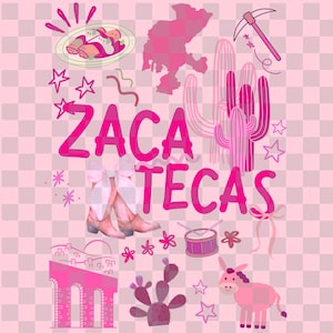 May include: A pink illustration with the text "Zacatecas" features a map, cacti, cowboy boots, a donkey, and other regional symbols. The design includes a plate of food, a pickaxe, and a drum, all in shades of pink.
