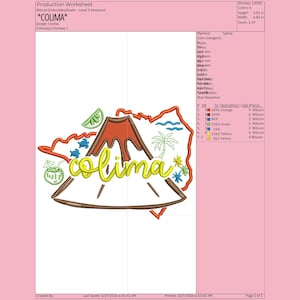 May include: An embroidery design file titled Colima featuring a central volcano graphic with the word colima in yellow script. The design includes a lime wedge, palm tree, two small turtles, and a drink with an umbrella, all set against an orange outline of the state of Colima, measuring 3.51 inches by 4.82 inches.