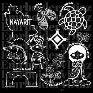 Könnte beinhalten: Weiße Strichzeichnungen auf schwarzem Hintergrund. Dargestellt sind eine Karte von Nayarit, Huaraches, eine Meeresschildkröte, eine Garnele, ein Hirsch, eine Raute, Blumen, eine Brücke und eine Frau. Text enthält "Nayarit" und spanische Sätze.