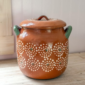 May include: A terracotta-colored ceramic pot with a lid, featuring white and green dot patterns. The pot has two green handles and a matching handle on the lid. This handcrafted piece is suitable for kitchen or home decor.