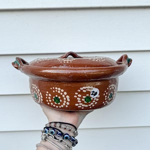 May include: A brown ceramic cooking pot with a lid, featuring white and green dot patterns. The pot has two handles and a curved handle on the lid. The pot is held in front of a white background.